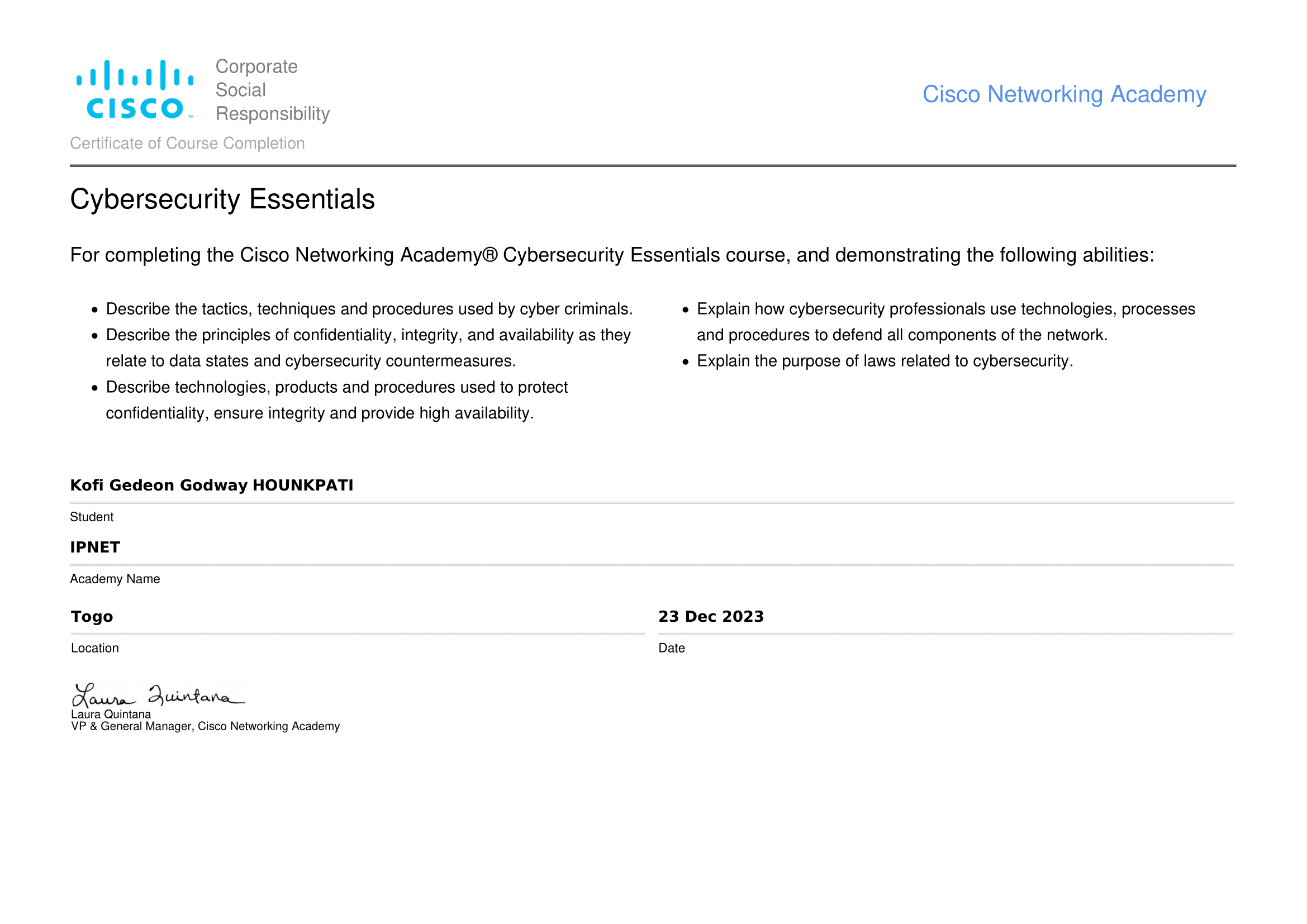 Cybersecurity Essentials Certificate